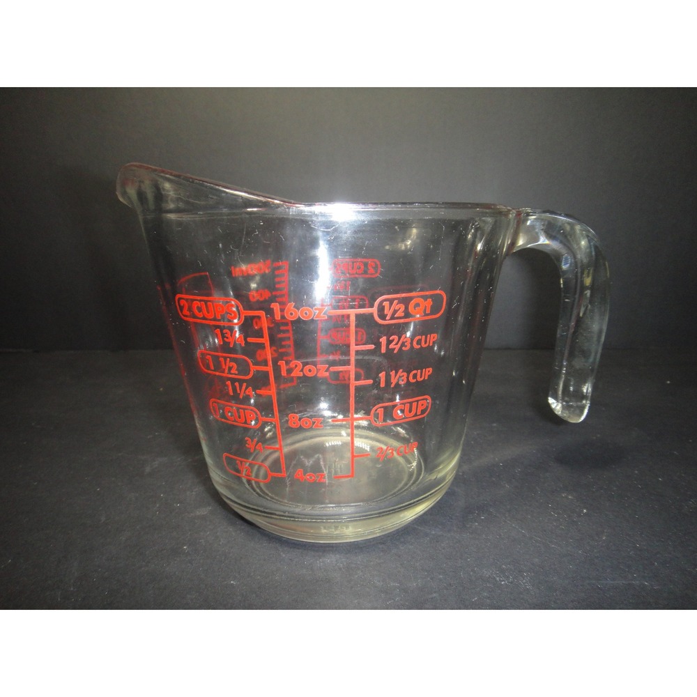 Anchor Hocking 2 Cup Glass Measuring Cup Red Markings 16oz 500ml Made in USA VTG